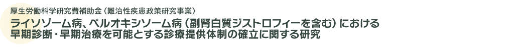 厚生労働科学研究難治性疾患政策研究事業　ライソゾーム病、ペルオキシソーム病（副腎白質ジストロフィ―を含む）における良質かつ適切な医療の実現に向けた体制の構築とその実装に関する研究